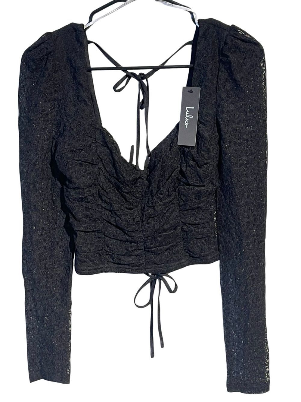 NWT Lulus Enticing Presence Black Lace Ruched Backless Long Sleeve Top Small